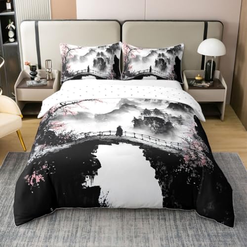 Homewish Housse de Couette Coton Enfant Style Japonais Raffiné - Parure de Lit 140x200 Adulte 1 Personne Paysage de Montagne - Sets de Housses de Couettes...