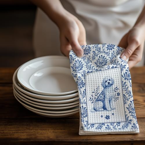 Image of Chinoiserie Poodle Kitchen & Hand Towels Set of 2, Blue and White Floral Dog Dish & Tea Towels for Kitchen Bathroom Decor,Vintage Toile Poodle Hand Towel for Farmhouse Bathroom Kitchen Decor