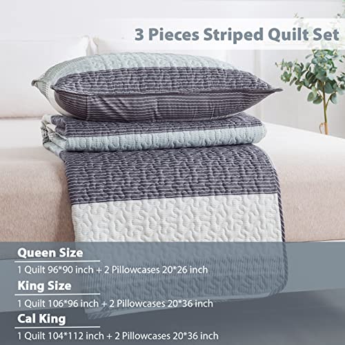 Andency Stripe Quilt Set King(106X96Inch), 3 Pieces (1 Striped Quilt And 2 Pillowcases) Mint Green Patchwork Bedspread Coverlet, Soft Lightweight Microfiber Quilted Bedding Set #TOP2