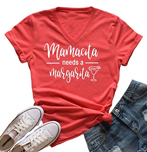 Mamacita Needs a Margarita Graphic Shirt Drinking Tees for Women Letter Print Tshirt Summer Casual Vacation Tops (Medium, Red)