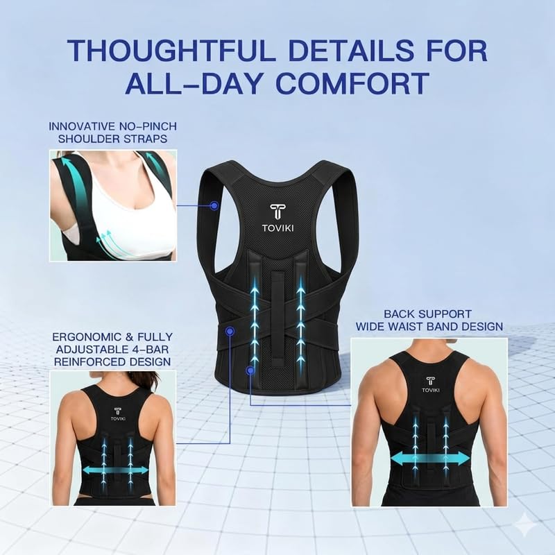 Image of Posture Corrector Belt for Men & Women | Adjustable Back Brace | Upper Back & Shoulder Support | Neoprene Spine Corrector Belt | Relieves Back Pain, Neck Hump & Rounded Shoulders | Universal Size (28-52 inch) | Black
