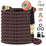 150FT Expandable Garden Hose, 45M Leak-Proof Flexible Hose Pipe with 10-Pattern Spray Nozzle, Expandable Water Hose for Gardening, Kink-Free, 4-Layer Latex Core, 1/2" 3/4" Universal Fittings, Orange