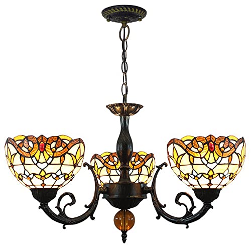 Lustre vintage baroque en vitrail luminaire suspendu réglable 3 feux