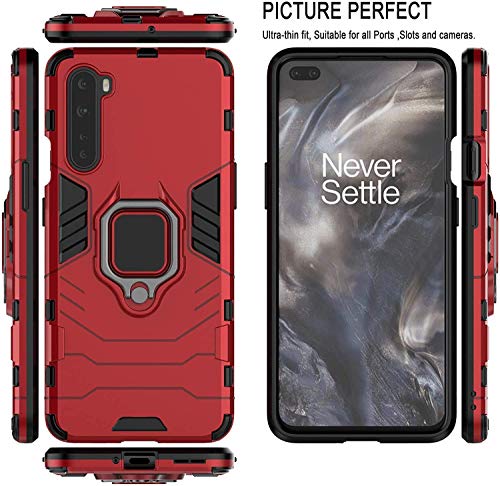 Image of WOW IMAGINE Shock Proof Back Case Mobile Cover for 1+ OnePlus Nord (Armor | Hybrid PC + TPU | Full Protection with Ring Holder Kickstand | Red)