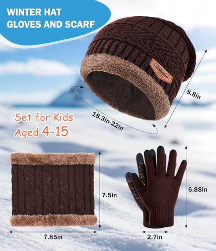 Image of Kids Winter Hat Scarf&Touchscreen Gloves Set,Knitted Beanie with Fleece Lining, Neck Warmer for Boys Girls 4-15 Years