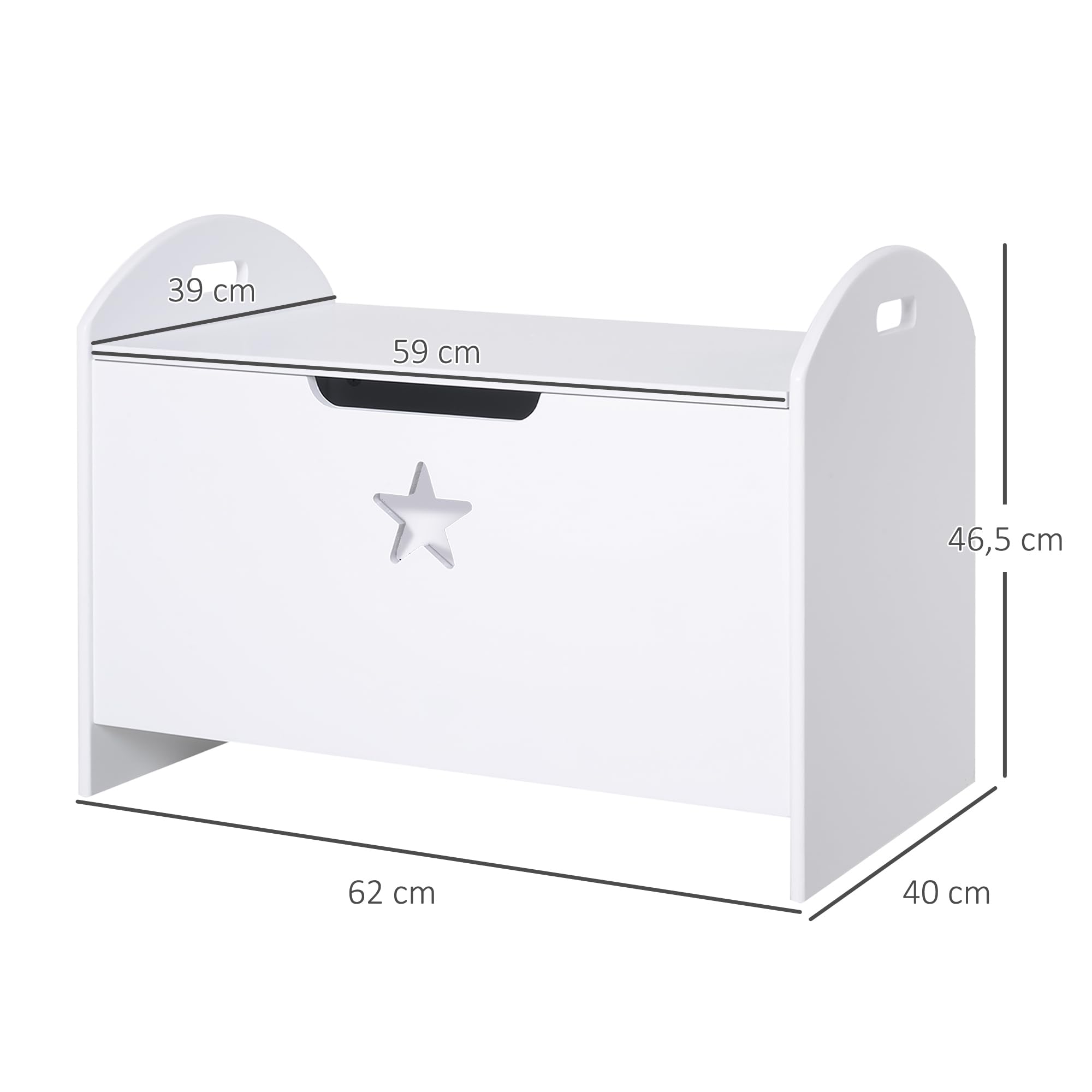HOMCOM Spielzeugkiste aus Holz Sitzbank für Kinder Sitztruhe Aufbewahrungsbox für Kinderzimmer Bücher Spielzeug Spieltruhe für Kinder Sicherheitsscharnier Weiß 62 x 40 x 46,5 cm