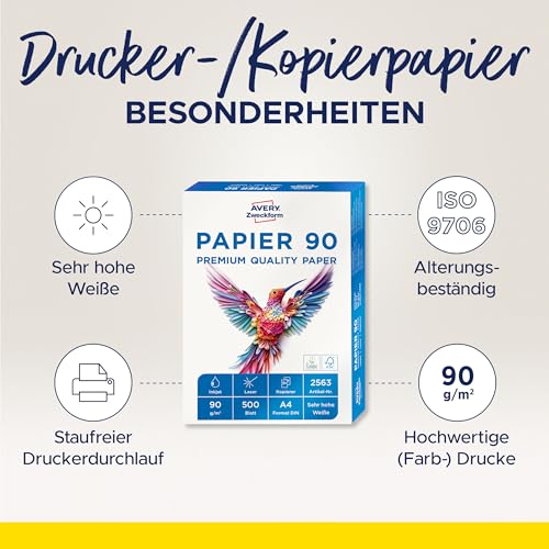 AVERY Zweckform 2563 Drucker-/Kopierpapier (1.500 Blatt, 90 g/m², DIN A4 Papier, hochweiß, für alle Drucker) 1 Box mit 3 Pack
