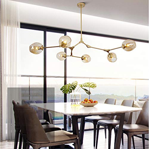 Suspension nordique vintage 6 globes ambrés en verre haut de gamme
