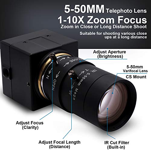 Svpro 5-50mm Varifocal Lens 2MP USB Camera 1080P Webcam with H.264 Format 0.01Lux Low light Webcamera IMX323 Image Sensor USB with Camera for Android Windows Linux Mac OS Minicam, Plug&Play - Image 2