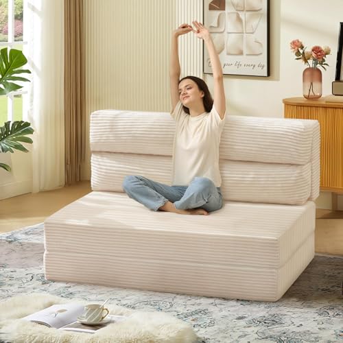 JUIKURY Folding Sofa Bed, Convertible Sleeper Chair with Pilow Foldable Matress, 2 in 1 Pull Out Loveseat Sofa Portable Fold Out Chair Bed Floor Couch Lounge for Living Room Bedroom (Beige, Twin)