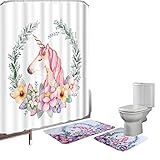 Amagical 15 Pieces Shower Curtain Set Bathroom Mat Set Unicorn Printed Bath Mat + Contour Mat +...