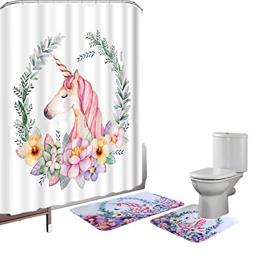 Amagical 3 Pieces Shower Curtain Set Bathroom Mat Set Unicorn Printed Bath Mat + Contour Mat + Shower Curtain + 12 Hooks #TOP6