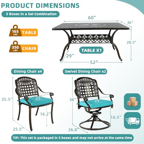 Image of MEETWARM 7-Piece Outdoor Patio Dining Set, All-Weather Cast Aluminum Patio Conversation Set with 4 Stationary, 2 Swivel Rocker Chairs, 1 Rectangular Table, 6 Cushions, 2 inch Umbrella Hole, Ocean Blue