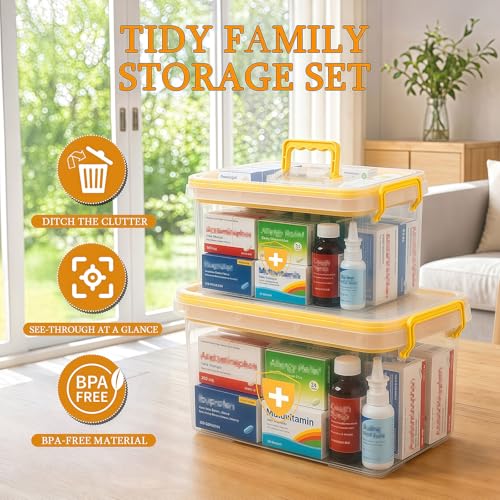 Image of 2 Pack Clear Medicine Organizer Box with Handle, Plastic Medicine Container with Tray First Aid Box Empty, Thickened Medicine Storage Organizer Multipurpose Medication Organizer Storage, Yellow