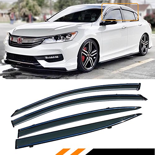 Cuztom Tuning Clip On Smoke Tinted Window Visor Rain Guard W/Clips & Chrome Trim for 2013-2017 9TH Honda Accord Sedan
