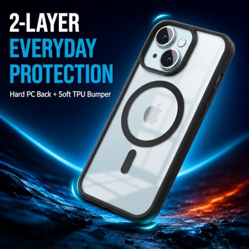 Image of MAGA Back Case Cover for Apple iPhone 13 & iPhone 14, Transparent Black Magnetic Case Compatible with MagSafe, Hybrid Hard PC Back & Soft TPU Bumper, Shockproof Protective Cover - Black
