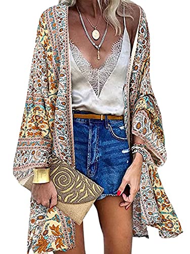 Yutdeng Kimono Mujer Kaftan Playa Cárdigan Verano Kimonos Cortos Floral Bohemio Suelto Bikini Cover Up Pareos Caftan Gasa Casual Camisolas Traje de Baño Ropa Playa para Mujer,Beige,XL