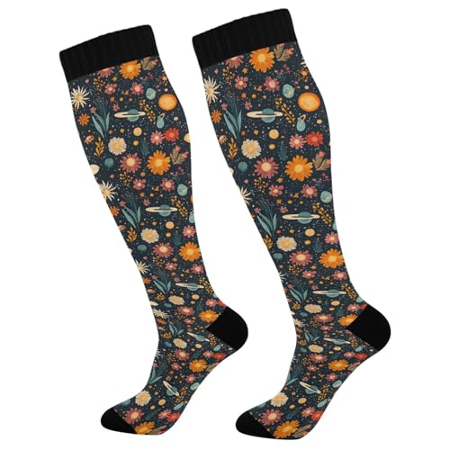 ALAZA Starry Sky Blossom Floral Compression Socks for Women Men Circulation Long Socks Running Athletic Cycling 2 pair