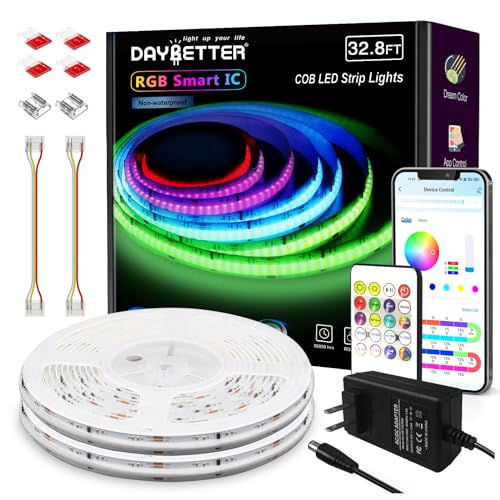Image of DAYBETTER RGB Smart IC COB LED Strip Lights, High Density Uniform LED Lights with Built-in IC Chips, App-Control, Flexible Dream Color COB Lights with 24V Adapter for Bedroom, Holiday Decor, 32.8ft