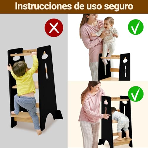Miniatura 4 de Cosyland Torre De Aprendizaje Para Niños - Torre De Aprendizaje De Madera Para Bebés De 1 A 6 Años - Altura Ajustable En 3 Niveles - 80cm - Negro Clásico Y Natural