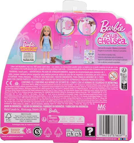 Image of Barbie Club Chelsea Limitless Adventure Blonde Doll, Rolling Scooter-Suitcase and Travel-Themed Accessories