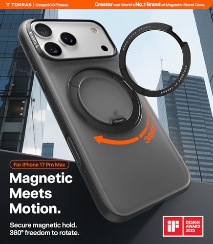 Image of TORRAS 360 Magnetic Stand for iPhone 17 Pro Max Case, [Fit for MagSafe] [4X Military-Grade Protection] Slim Case for iPhone 17 Pro Max 6.9 inch, Translucent Obsidian Black, Ostand O3 Fitness Series