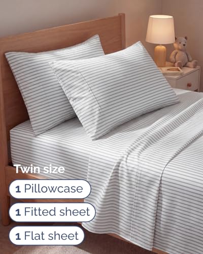 Image of Twin 4 Piece Bed Sheet Set - Breathable & Cooling Sheets - Grey Stripes | Ultra Soft Hotel Luxury Bedding Set with 8-16 Inch Deep Pockets, 1 Flat & 1 Fitted Sheet & 2 Pillowcases, Wrinkle & Fade Free