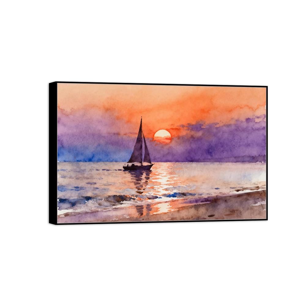 OZPWBVY Meer Leinwandbild-Ozean Boot Sonnenuntergang-Küsten Landschaftsbilder für Wohnzimmer Schlafzimmer Fertig zum Aufhängen 50x75cm Schwarz Rahmen