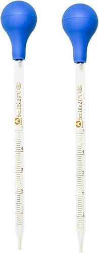 Miniatura 10 de (2 unidades) cuentagotas de vidrio graduado para medicina con pipetas de laboratorio con tapa de goma azul y escala (0.1 fl oz (paquete de 2)