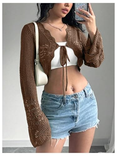 Image of OYOANGLE Women's Crochet Tie Front Sweater Cardigans Bell Sleeve Knitted Cropped Bolero Shrug Cardigan