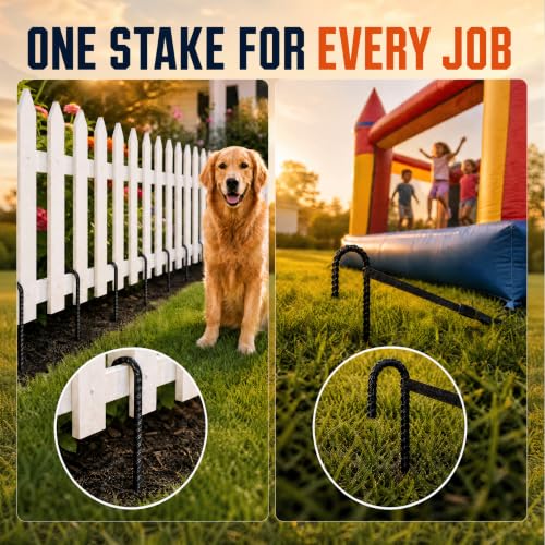 Image of Happin 12 Inch Rebar Stakes, J Hooks, Tent Stakes Heavy Duty Galvanized Garden Stakes - Trampoline Stakes, Chain Link Fence parts, Canopy, Lawn Decorations, Inflatables, Swing Set (J Shape - 16 Pack)