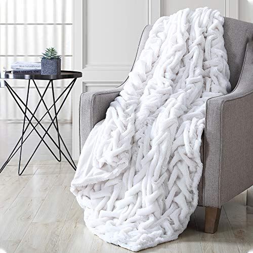 Image of Modern Threads Luxury Solid Braided Faux Fur Reverse to Flannel Throw Blanket, Off White - 50 inch x 60 inch