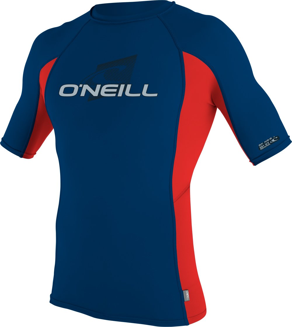 O'Neill Boy's Skins Short Sleeve Crew Rash Guard Nylon Elastane T-Shirt - Deep Sea/Red/Deep Sea, Size 10
