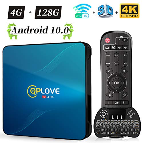 QPLOVE Q8 Smart TV Box 4 GB RAM 128 GB ROM RK3318 Quad-Core 64 bit Cortex-A53 soporta 2.4 GHz/ 5 GHz de doble banda WiFi 4K UHD BT4.0 con mini teclado inalámbrico táctil
