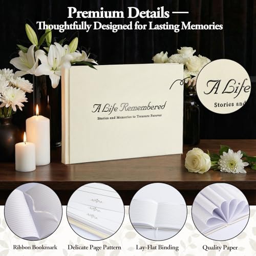 Image of Funeral Guest Book Set - Ivory Linen Hardcover with Black Gold Foil, 120 Acid-Free Lined Pages, Includes Table Sign & Welcome Card | 8.66x6.69 inch Memorial Sign-In Book for Funeral & Celebration of Life