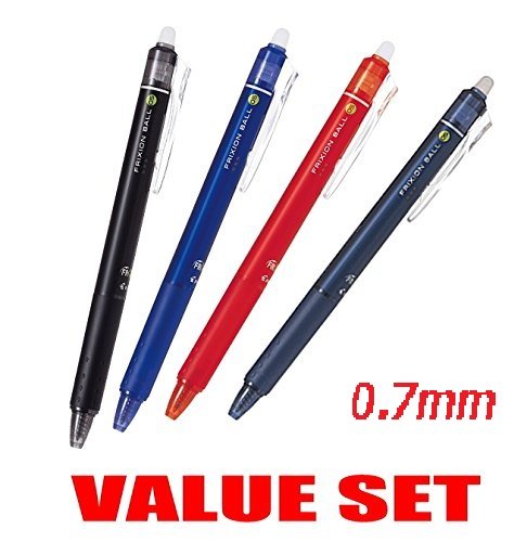 Pilot Frixion Ball Knock Click Retractable Erasable Gel Ink Pens,fine Point, 0.7mm Black,Blue,Red,Blue Black Ink, Each 1 Pen- Value set of 4
