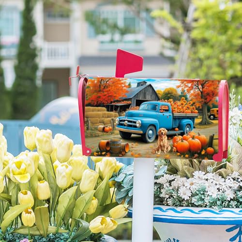 Image of Fall Truck Mailbox Cover Magnetic 21 inchx18 inch Autumn Maple Tree Leaf Pumpkins Sunflower Farm Puppy Mailbox Wrap Post Cover Standard Size Waterproof for Garden Yard Outdoor Outside Decor