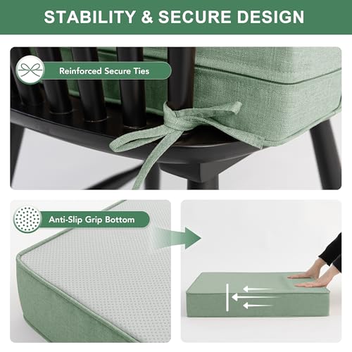 Image of Summsun Outdoor Cushions for Patio Furniture, Faux Linen Water Resistant Backrest and Deep Seat Cushion Set with Removable Cover, Ties, Non-Slip Bottom, 22 x 22 Inch, Sage Green, Set of 2