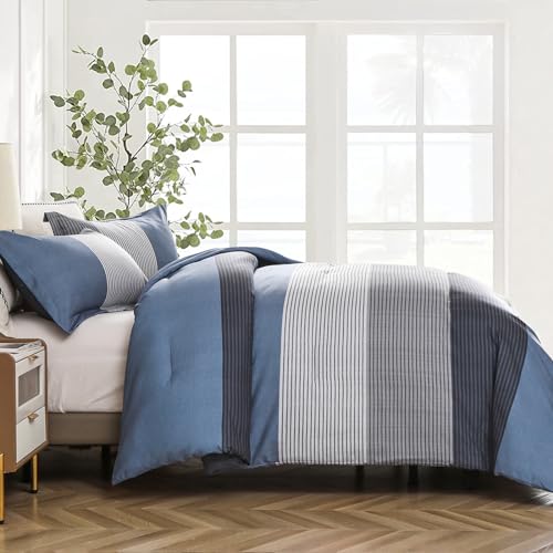 Edredón de microfibra suave reversible de 3 piezas con rayas azules para cama 6