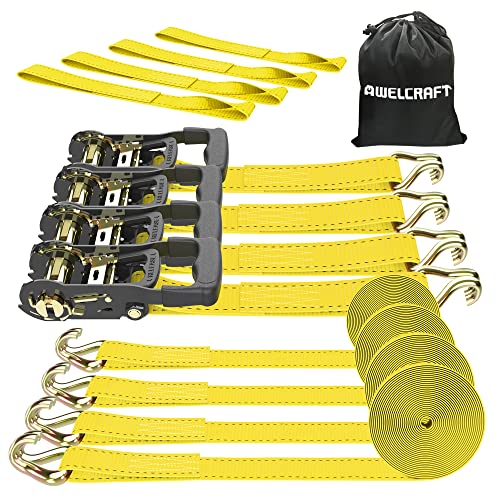 Awelcraft Ratchet Straps (4Pk) - 4500Lbs Breaking Strength 1.5''×15' Heavy Duty Tie Down Straps With Padded Handles, Double J Hooks & Soft Loops For Moving Motorcycle, Trailer & Trucks (Yellow) #TOP5
