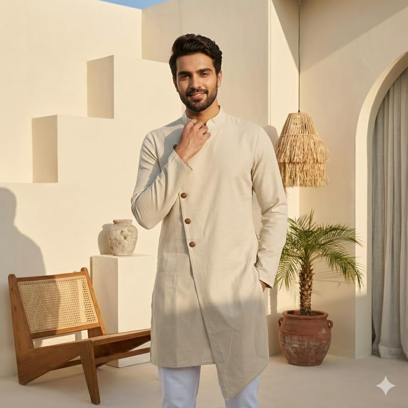 Image of OOMPH! Men's Ethnic Traditional Asymmetric Kurta Polycotton Regular Fit | High Neck Full Sleeves | Traditional Indian Festive Kurta | Stylish Casual and Wedding