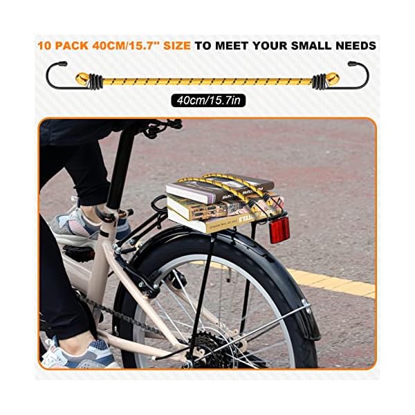Kiprim 40 cm (15,7") Hochleistungs-Bungee-Seile mit Haken, 10er-Packung zum Schutz von Möbeln, Sackkarren, ideale elastische Gurte für Radfahrer, Motorräder – Bild 3