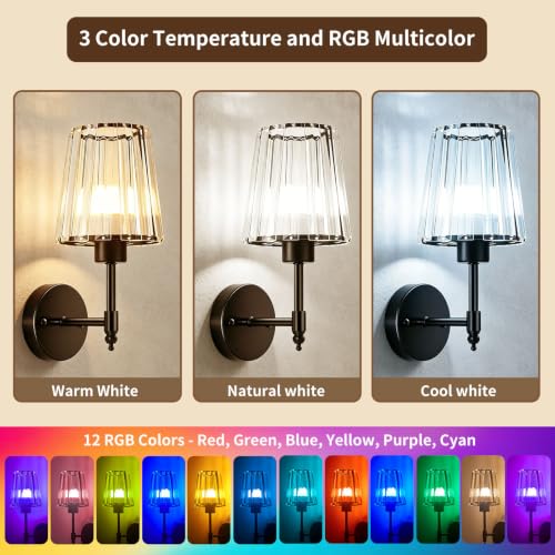 Image of Crystal Battery Operated Wall Sconce Set of 2, Rechargeable Wireless Wall Lights with 5200mAh Dimmable Bulbs and Remote,15 Colors Wireless Wall Lamps for Bedroom Living Room Hallway Decor-Clear black
