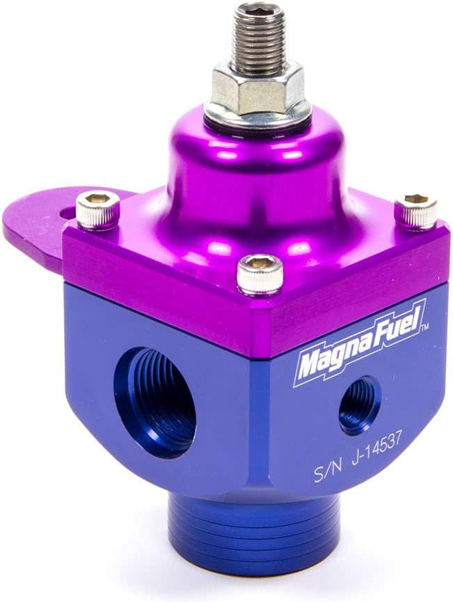 MagnaFuel Fuel Pressure Regulator, 4 to 12 psi, In-Line, 10 AN O-Ring Inlet, Dual 8 AN O-Ring Outlets, 1/8 in NPT Port, Aluminum, Blue/Purple, E85 / Gas/Methanol, Each
