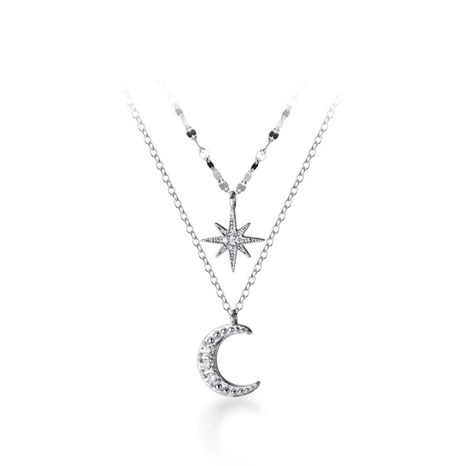 Collar con Colgante De Luna Y Estrella Apilable De Circón Brillante De Plata De Ley 925 para Mujer, Joyería Fina para Fiesta De Boda