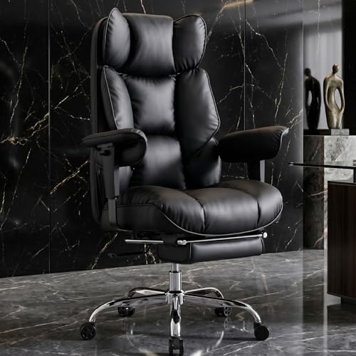 Image of Efomao Executive Office Chair 400lbs, Black Big and Tall Desk Chair | Mattress-grade pocket spring cushion, sleek leather, 135 recline & footrest for computer gaming setup.