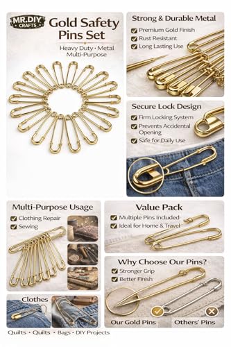 Image of MR. DIY Crafts Safety Pins Set, Heavy Duty Metal Safety Pins for Sewing, Clothing Repair, Jewelry Making, DIY Crafts & Multipurpose Use (5, Saree Safetry Pin)
