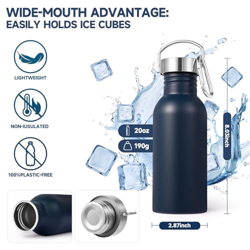 Volhoply 20oz Uninsulated Single Walled Water Bottle, Stainless Steel Reusable Water Bottles with Handle & Carabiner, BPA Free 18/8 304 Sports Water Bottles for Camping Hiking（Navy,1） - image 2