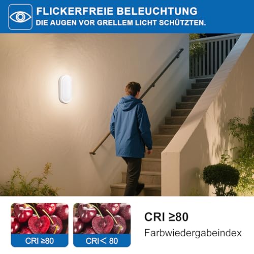 2 Stück LED Kellerlampe 18W 2000Lm Neutralweiß 4000K, LED Ovalleuchte, IP65 Wasserfest, Wandleuchte, Außenleuchte, ldeal für Kellertreppe, Balkon, Keller, Waschküche, Terrassen oder Gartenhäuser, Weiß