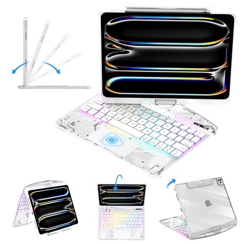 Image of Clear Keyboard Case for iPad Pro 11 Inch (M4 /M5 2024 /2025) 360 Swivel Multi-Touch Trackpad,with Wireless Bluetooth 3-Brightness & 7-Color Backlit, Pencil Holder tecla de acceso directo White